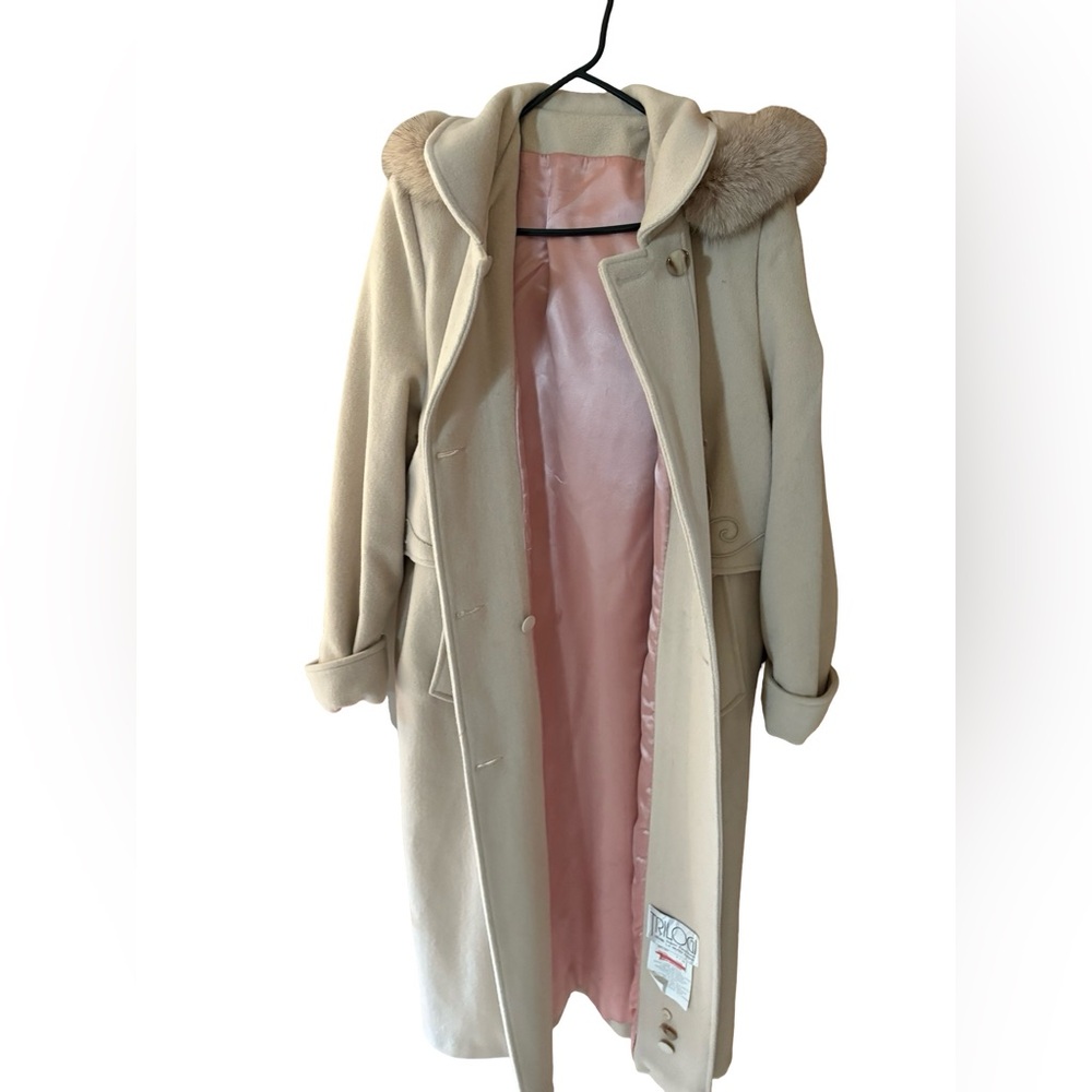 Vintage Trilogi Wool Coat Beige Pink Lining Fur Trim Hood Size 9/10 Canada